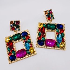 NEW✨ Sparkling Multicolored Gold Plated Crystal Statement Drop Earrings!